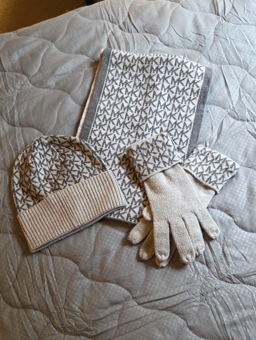 Michael Kors Logo Jacquard Scarf, Beanie and Gloves Gift Set Brown & Black